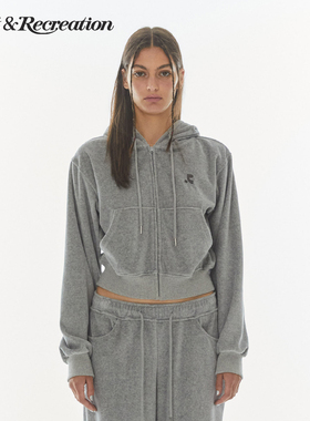 RestandRecreation官方2025新款RR短款刺绣logo丝绒连帽卫衣外套