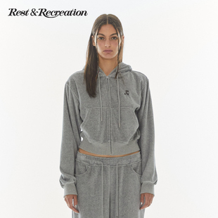 RestandRecreation官方2025新款 刺绣logo丝绒连帽卫衣外套 RR短款
