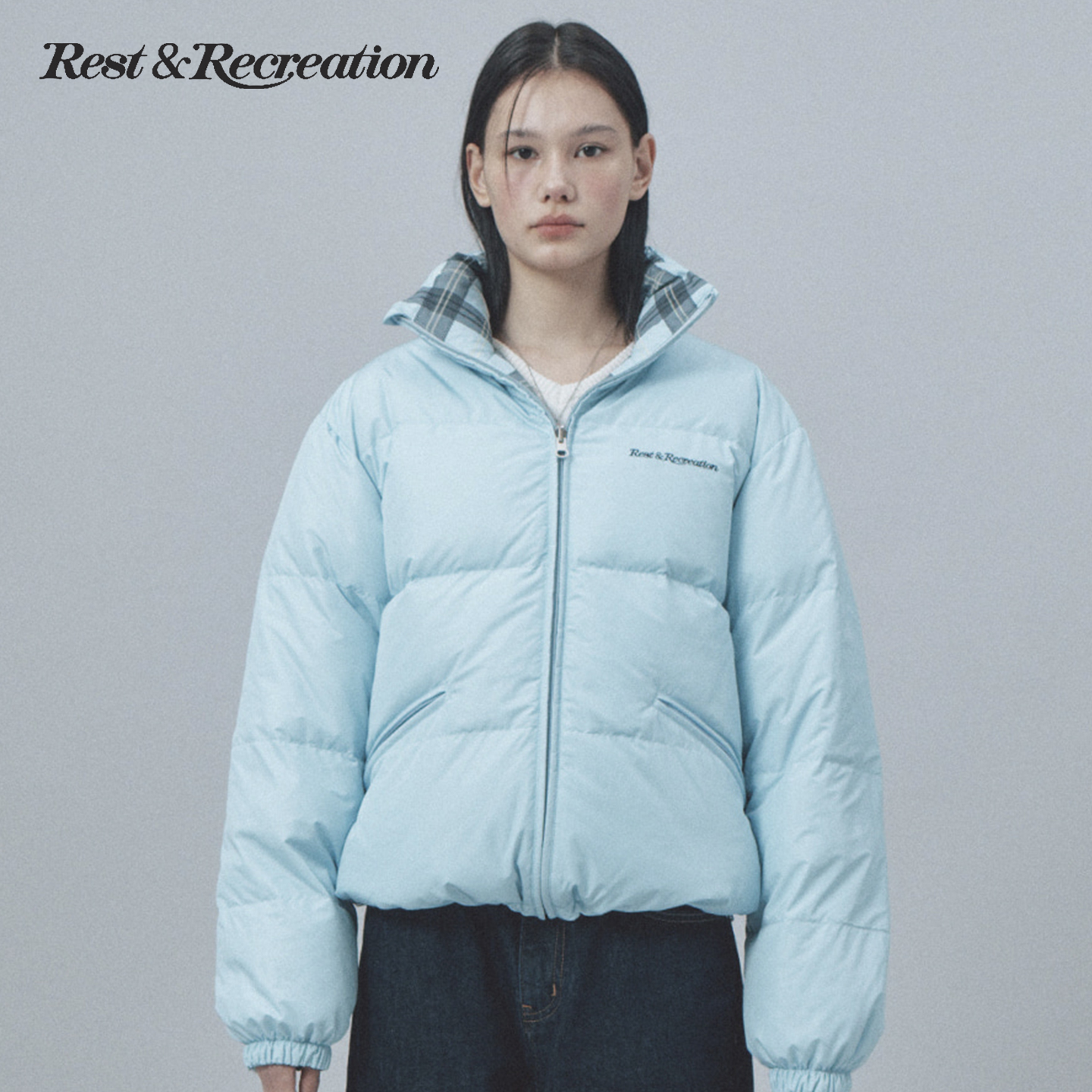 RR立领双面穿刺绣宽松羽绒服