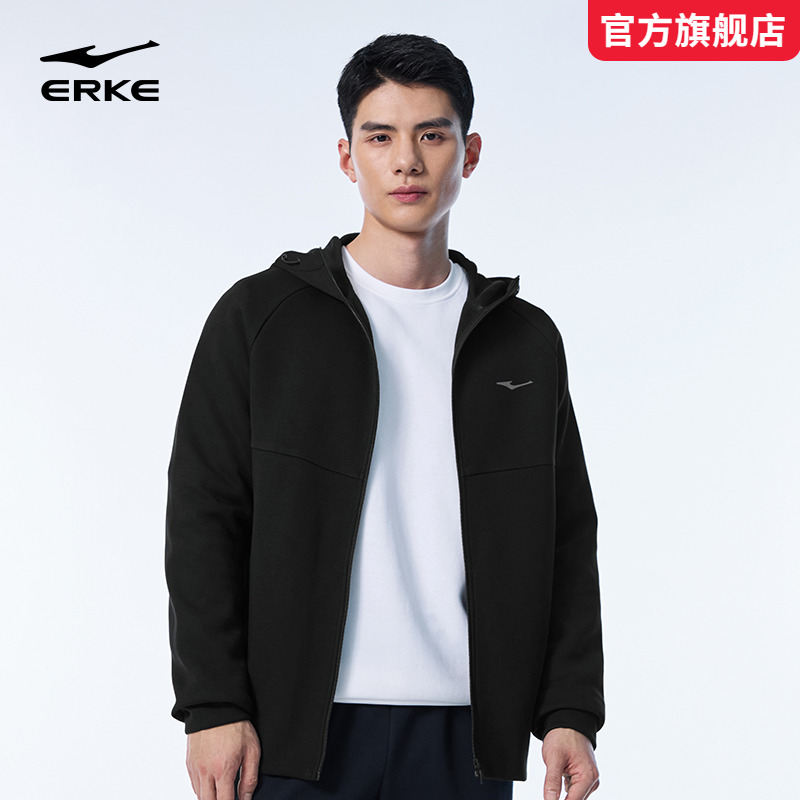 鸿星尔克外套男2025秋冬季新款黑色修身开衫休闲运动上衣夹克卫衣
