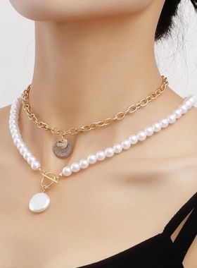 欧美饰品 几何圆片仿巴珍珠双层项链女 简约百搭圆珠项饰