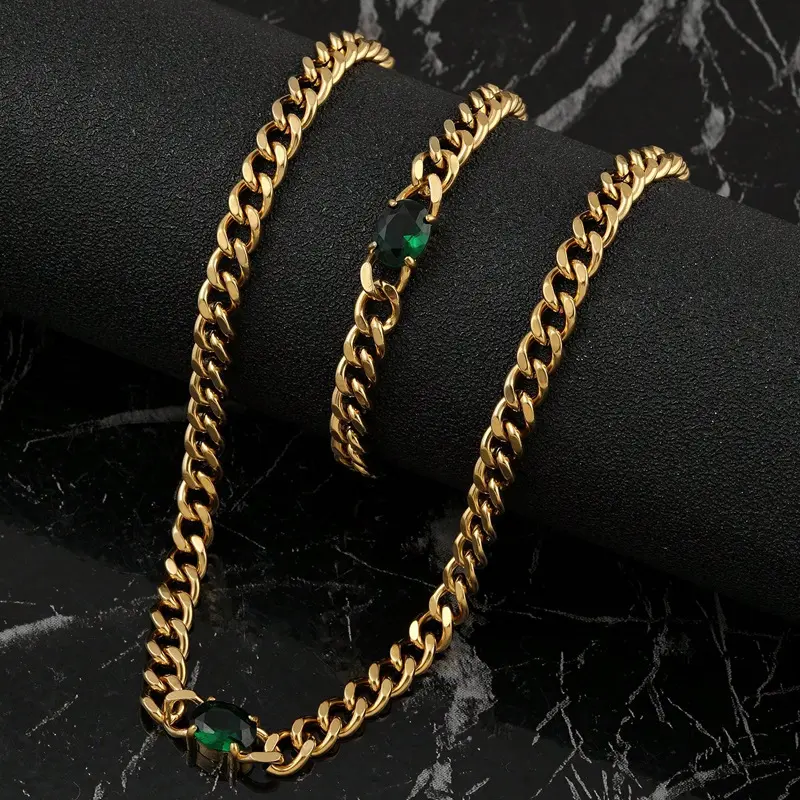 欧美热销不锈钢链条项链轻奢冷淡风镶宝石项链手链古巴链手饰品