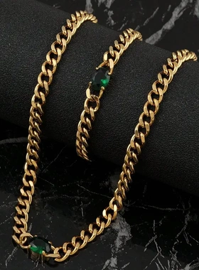 欧美热销不锈钢链条项链轻奢冷淡风镶宝石项链手链古巴链手饰品