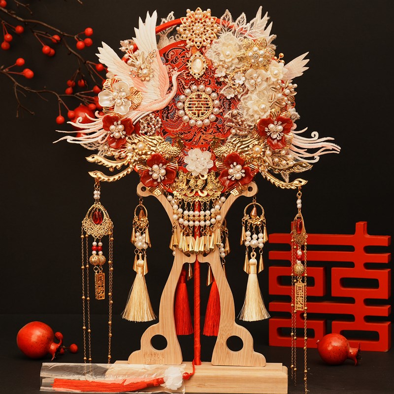 双面团扇新娘结婚礼重工婚礼秀z禾喜扇中式红色扇子diy材料包手工