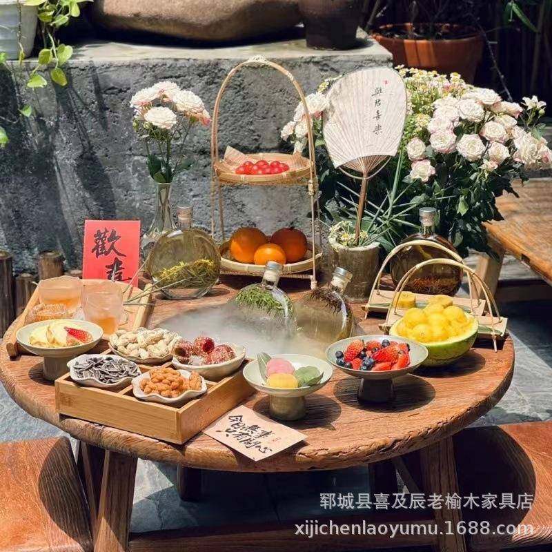 户外围炉煮茶桌烤肉方桌榆木复古圆形实木火锅桌子老榆木冰茶桌,住宅家具,茶几+电视柜,淘宝优惠券,粉丝福利购,淘宝优惠卷