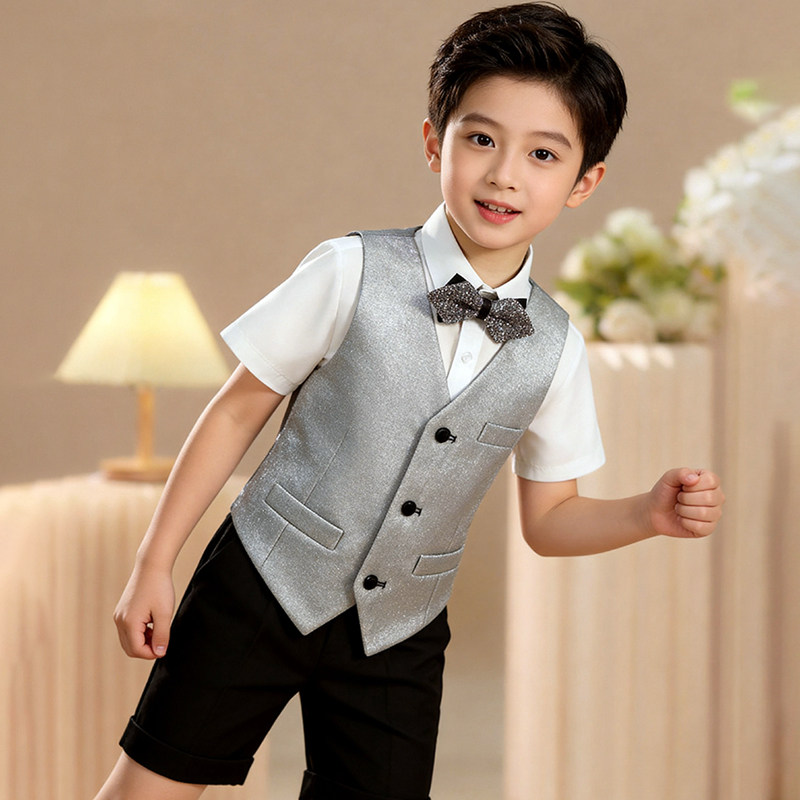 男童西装套装银色亮片马甲短裤衬衫领结演出服表演礼服花童