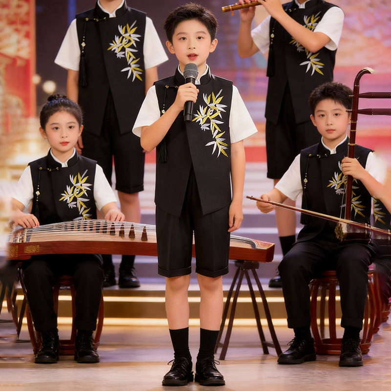 短袖马甲套装黑色儿童西装中国风男童诗歌朗诵古风男生演出服夏季