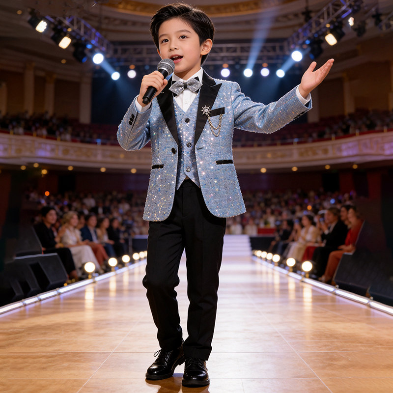 儿童西装套装亮片男童三件套男孩演出主持礼服舞台西服花童生日服