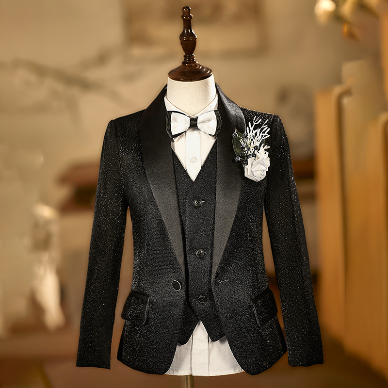 黑色男童礼服亮片西装走秀表演服