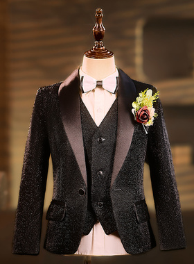 黑色男童亮片西服套装晚会小主持人礼服钢琴演出儿童走秀西装帅气