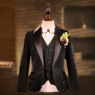 黑色男童亮片西服套装晚会小主持人礼服钢琴演出儿童走秀西装帅气