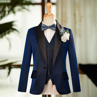 男童西装套装亮片儿童主持人礼服钢琴演出服男孩西服藏青演出服帅