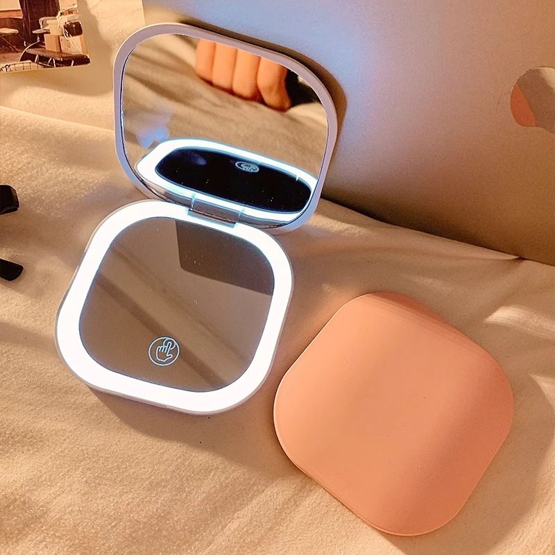 led化妆镜带灯高级迷你手持折叠小镜子放大女可携式随身旅行补妆
