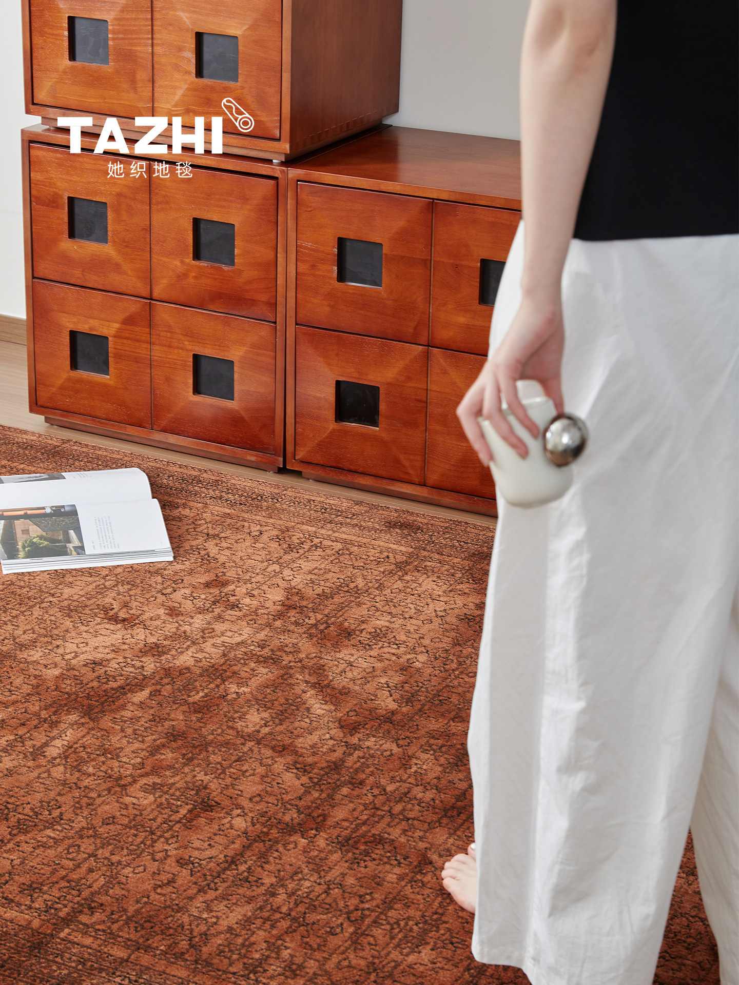 她织彩陶客厅地毯新西兰进口羊毛中古侘寂风轻奢高级卧室床边地毯