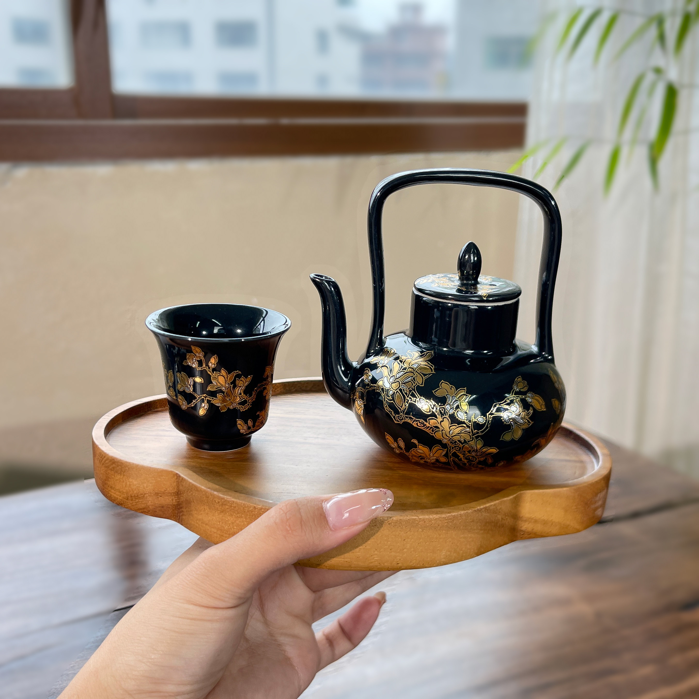 复古珐琅黑金釉玉兰花提梁壶家用陶瓷泡茶壶茶杯功夫茶具送礼高档