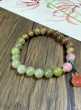 女士青玉绿檀木如意玛瑙手串单圈天然玉石手链中式清新甜美手饰女