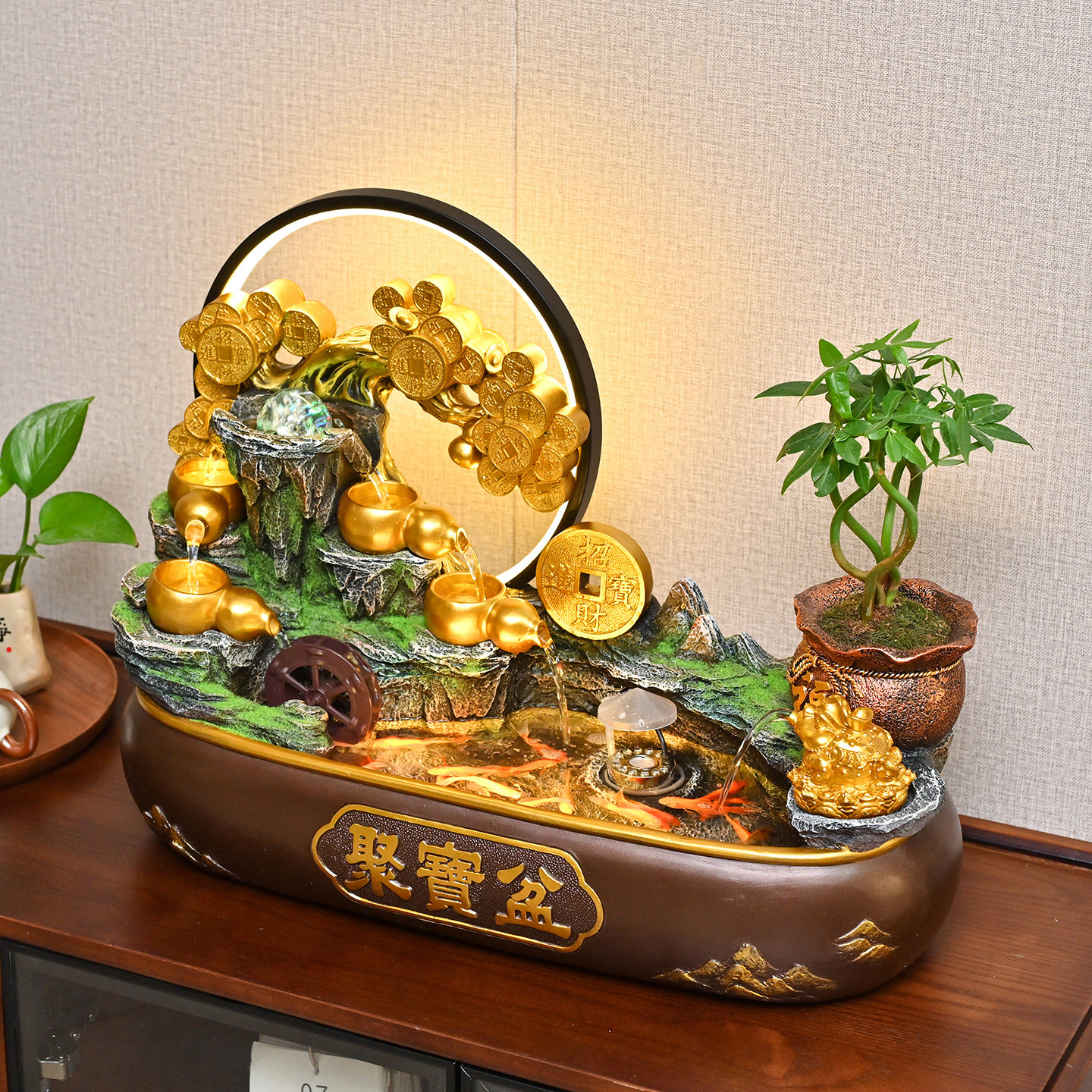 招财流水摆件风水轮桌面装饰循环水景办公室客厅中式开业乔迁送礼