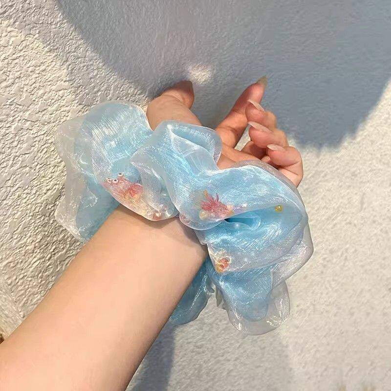 热搜款浅蓝色网纱大肠发圈珍珠亮片仙气少女头绳百搭氛围感好物