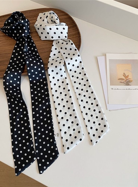 时尚新款百搭装饰领巾发带ins飘带黑色高级波点长条丝巾丝带