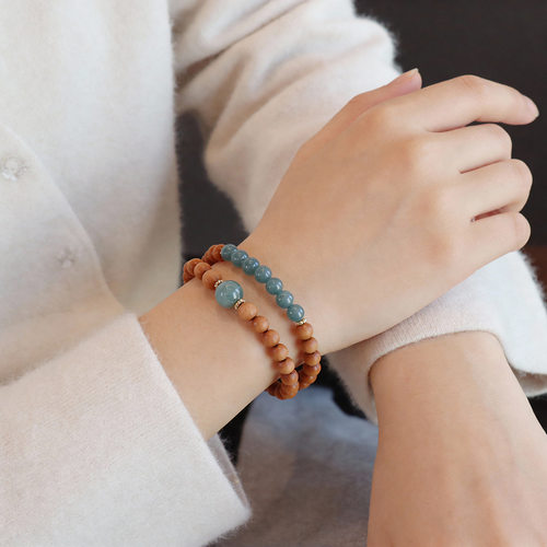 天然蓝水翡翠檀木手链串珠手串新中式手链景区寺院抖音小红书爆款