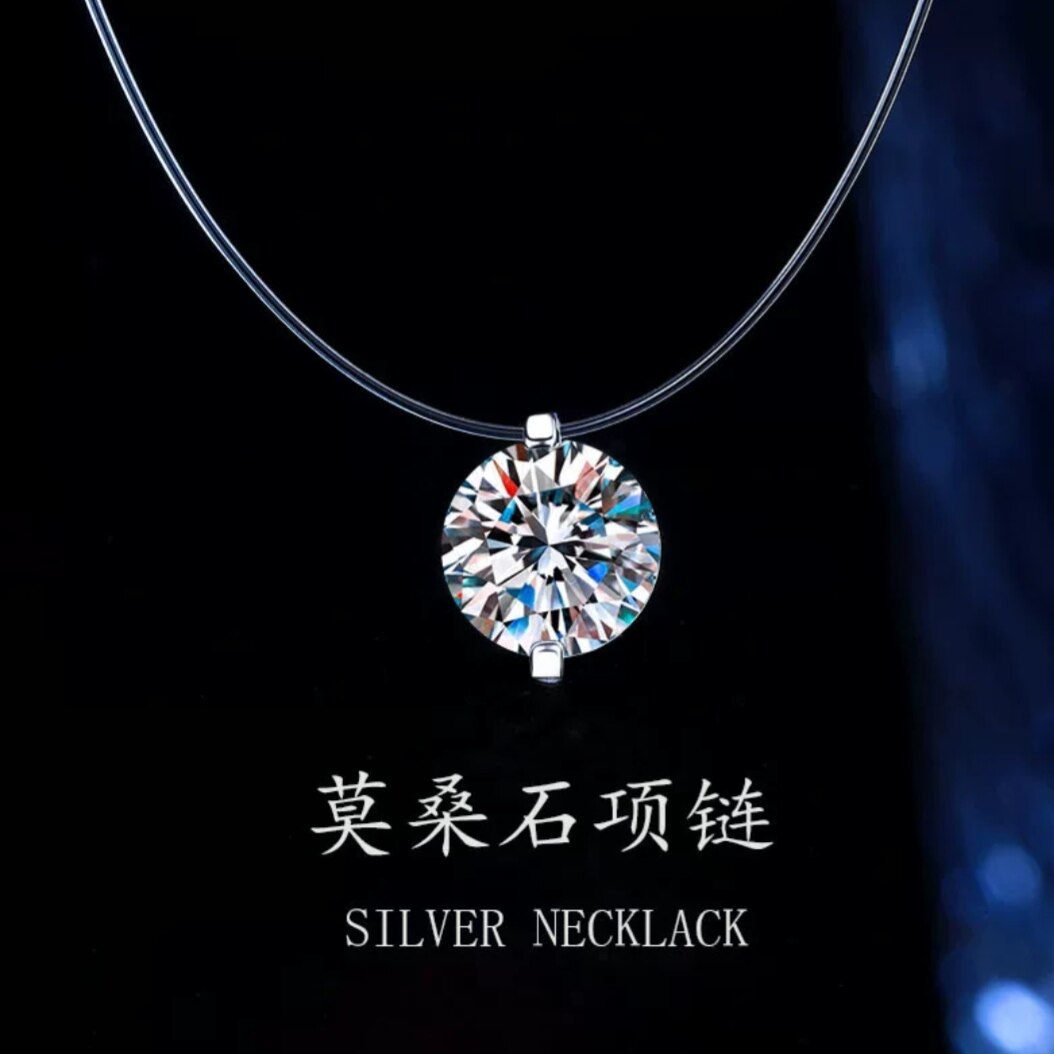 跨境热销s925纯银莫桑石人鱼之泪项链透明鱼线隐形简约超闪锁骨链
