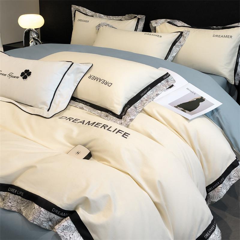 外贸北欧轻奢全棉刺绣拼边四件套纯棉绣花拼色三件套床上用品