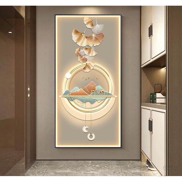 轻奢玄关装饰画大气led灯画银杏鹿寓意好现代入户走廊过道墙挂画