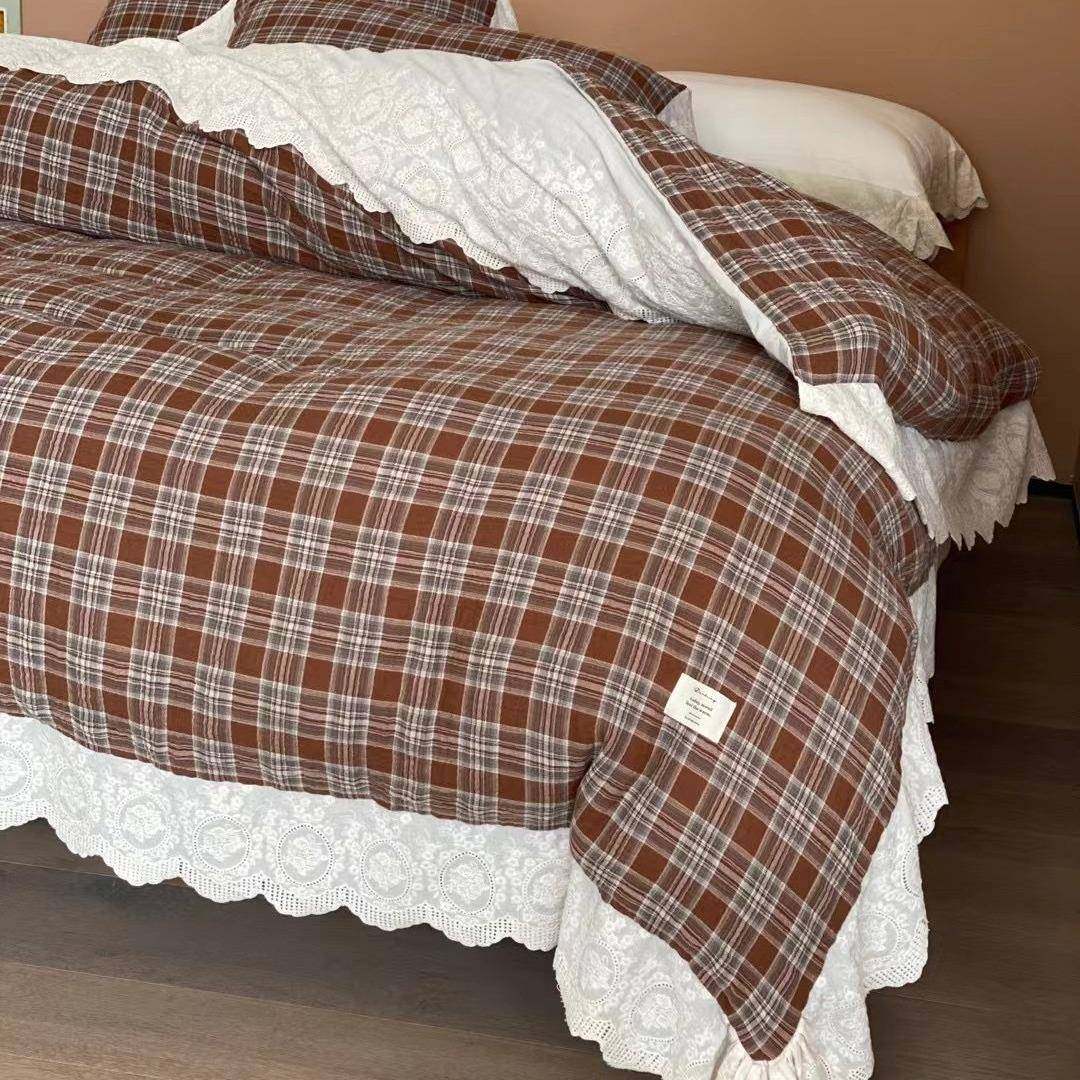 法式复古全棉水洗云绉色织双层纱四件套公主风轻奢格子荷叶花边