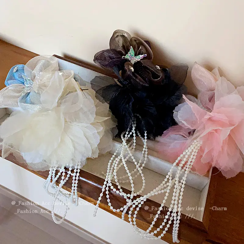 森系花朵网纱镶钻苏发夹小众气质后脑勺盘发夹时级感发饰