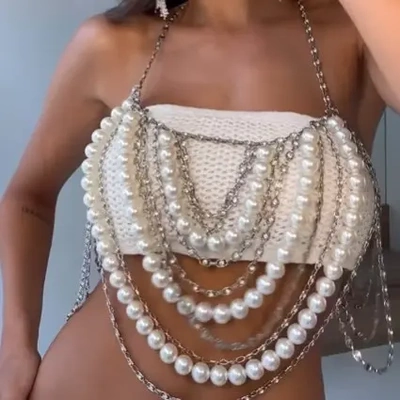 l5047y欧美vest多层 hain挂脖珍珠上衣背心身体链胸链2025