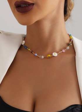 欧美饰品波西米亚色石头串珠水晶线颈链田园风项饰女