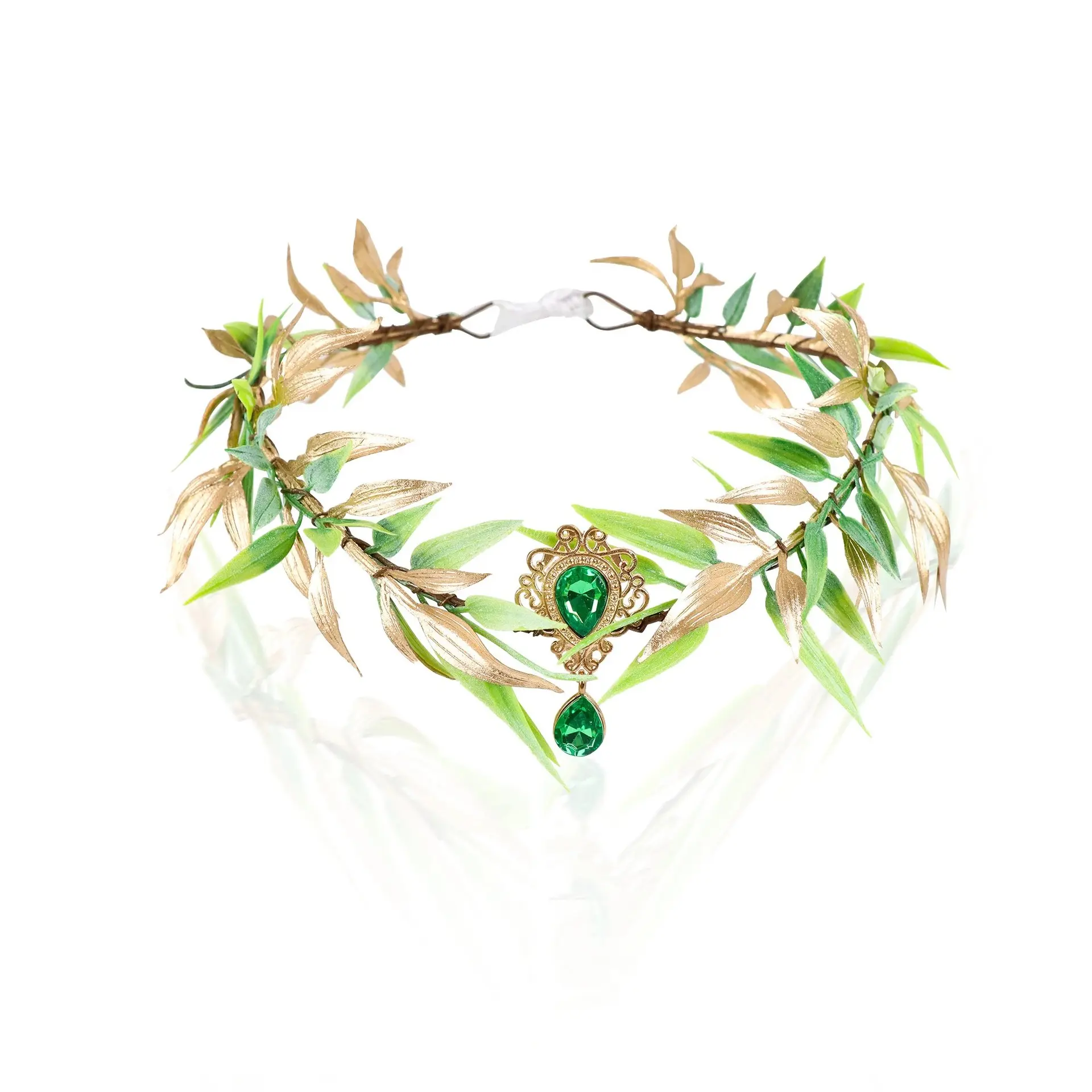 巴复古森系绿色发箍金叶子绿色额头坠精灵发带森林花环头饰女