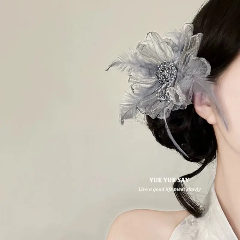 氛围感的神 超仙雪纺花朵羽毛发夹 小众串珠流苏大号发卡头饰