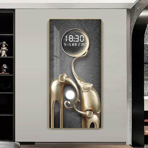 电子钟表玄关挂画带温度显示数显夜光时钟装饰画金帆麋鹿雷达感应