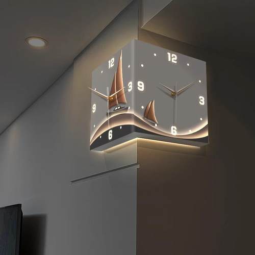 一帆风顺双面转角挂钟客厅免打孔创意led时钟表挂墙静音拐角壁钟