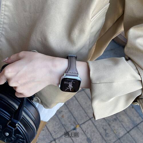 适用苹果手表女款真皮41mm表带iwatch8910细款S11小蛮腰SE3皮腕带