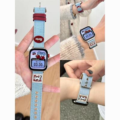 美式樱桃小猫皮质牛仔表带适用AppleiwatchS10代等多型号情侣表带