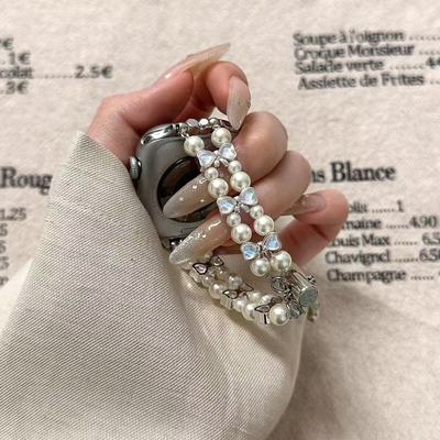 珍珠拼蓝色蝴蝶结表带华为fit4表链女fit3串珠watch Fit2腕带适配