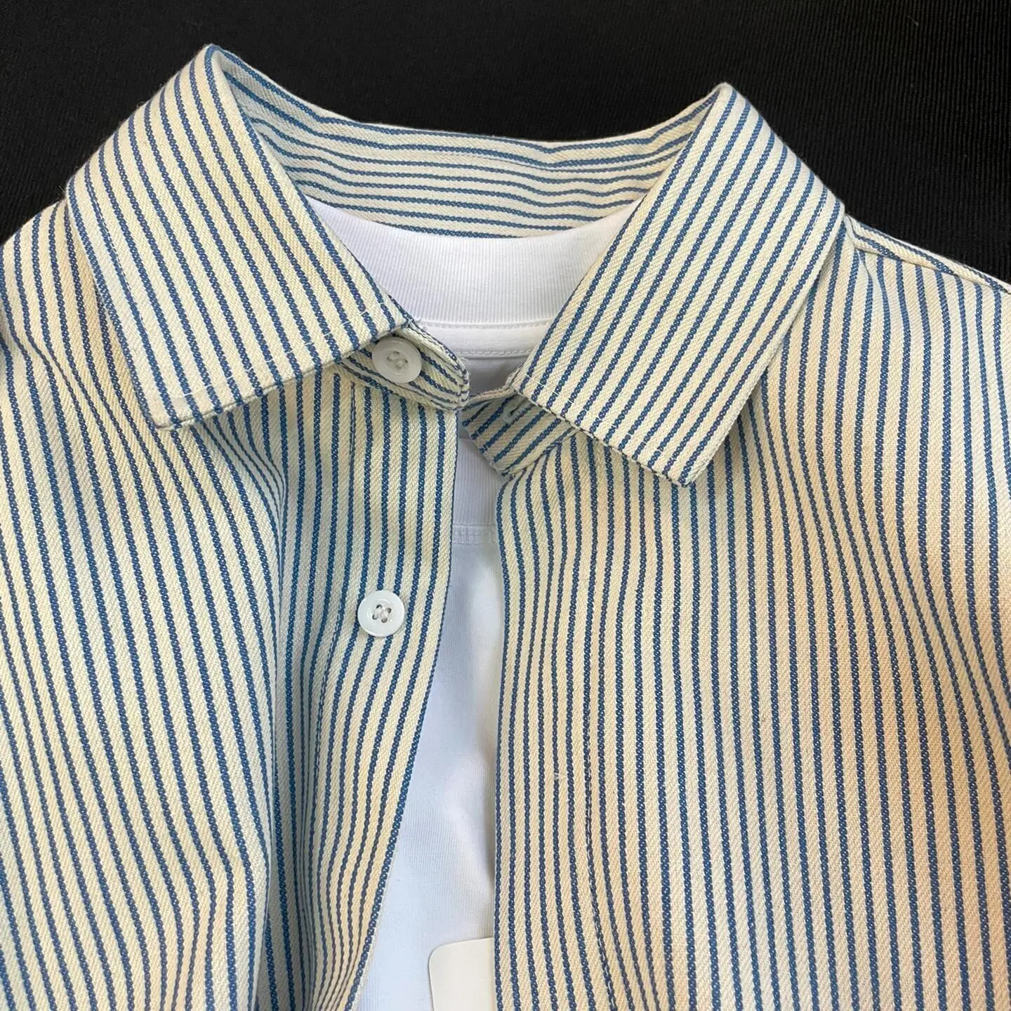 蓝色条纹衬衫男高级感初秋穿搭日系复古宽松衬衣短款长袖外套