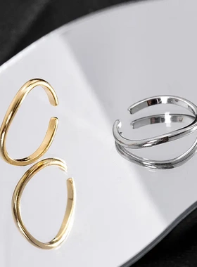 s925银几何弧形素圈戒指女简约光面基础款食指戒开口可调节