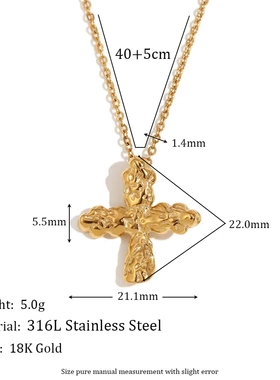 欧美时尚小众气质复古项坠钛钢镀18k金铸造捶打纹经典十字架项链