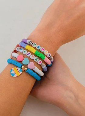 欧美复活节彩色爱心兔braelet手饰软陶字母easter手链套装