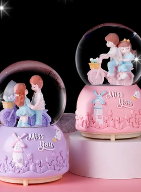 单车情侣发光水晶球八音盒情人节礼物礼品男生音乐盒摆件