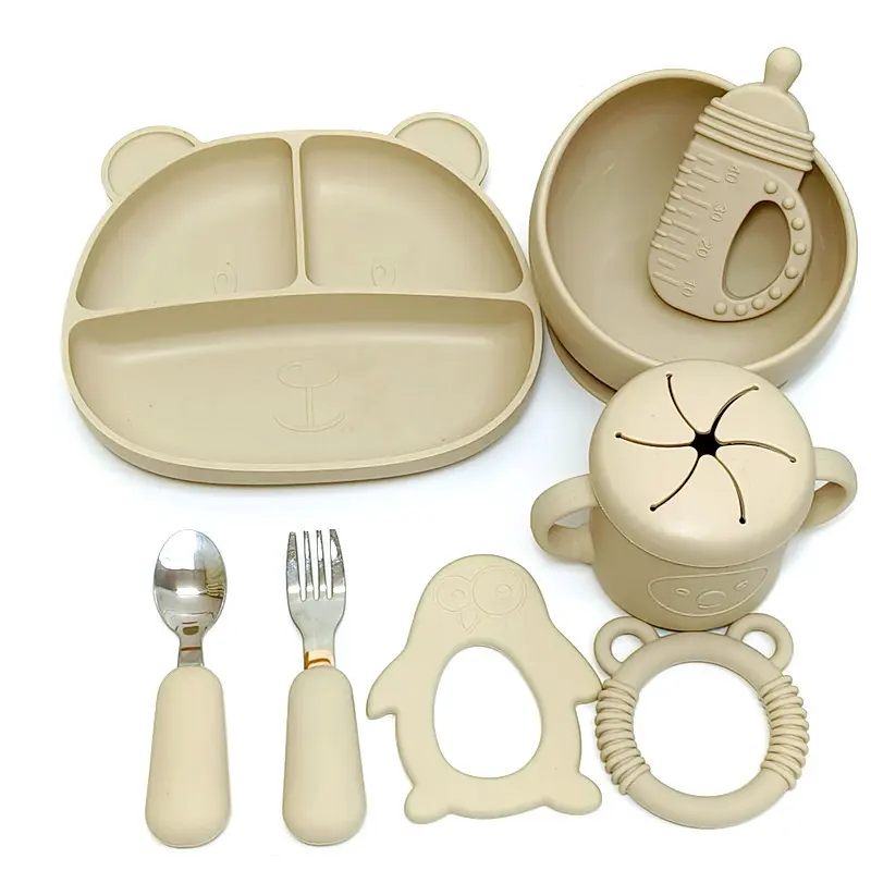 食品级硅胶碗吸盘一体式宝宝喂养餐具婴幼儿防摔亲子熊3格盘