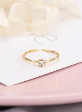 s925纯银镶钻黄金色戒指开口可调节简约精致欧美戒指女