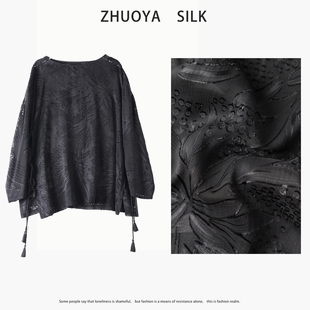 琸娅100%桑蚕丝中式复古真丝上衣黑色镂空重工剪花绡提花圆领衬衫