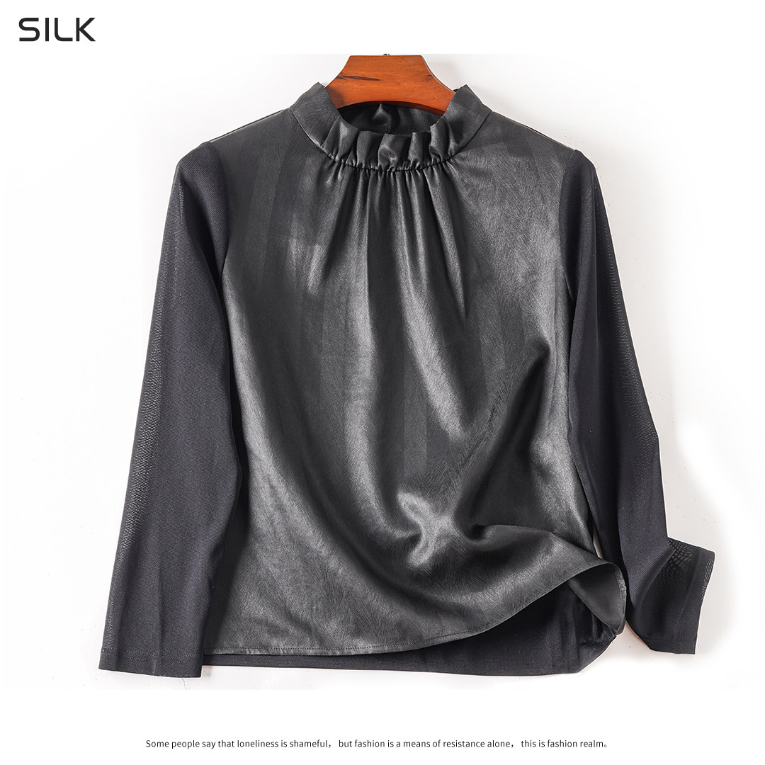 100%桑蚕丝香云纱打底衬衫人字纹极简风长袖女装宽松百搭真丝女款