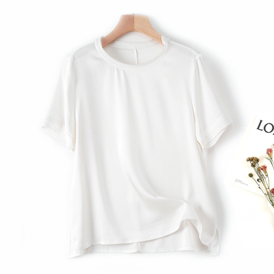 92%桑蚕丝香云纱提花缎短袖T恤高端女装高级感双层毛边圆领真丝