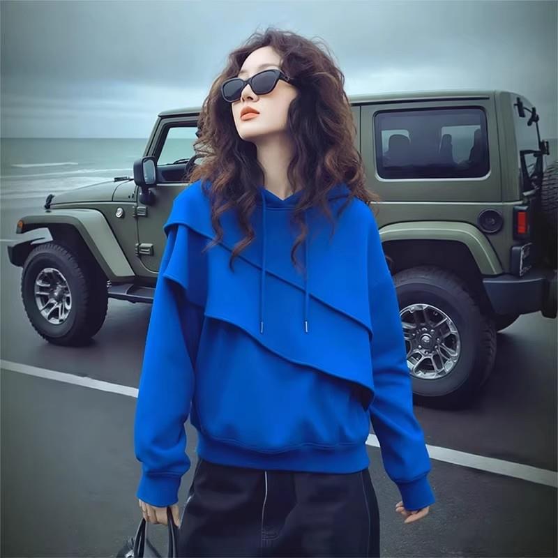 推荐韩系蓝色显白连帽长袖卫衣女秋季新款大码胖mm显瘦独特超好看
