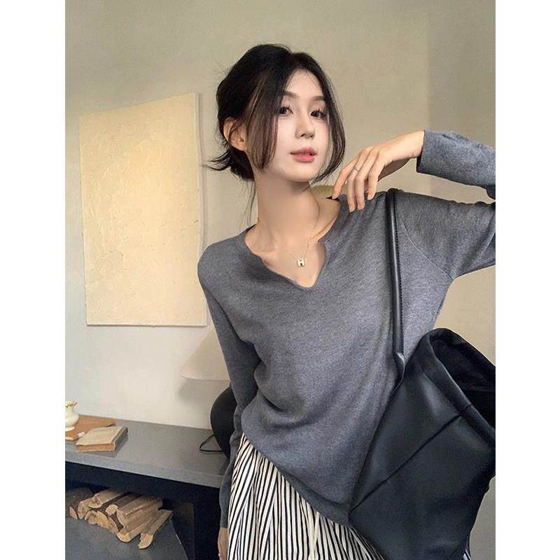 推荐大码女装300斤慵懒风v领薄绒打底衫胖mm秋冬季长袖宽松外穿上